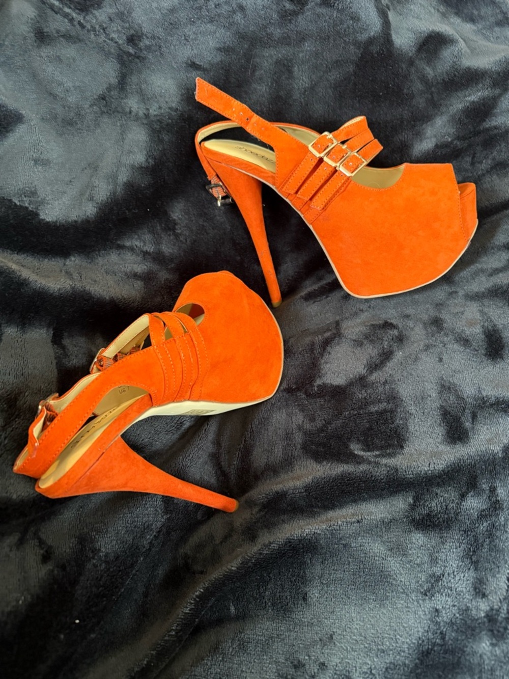 Shoe Dazzle Orange Suede Peep-Toe Platform Heels